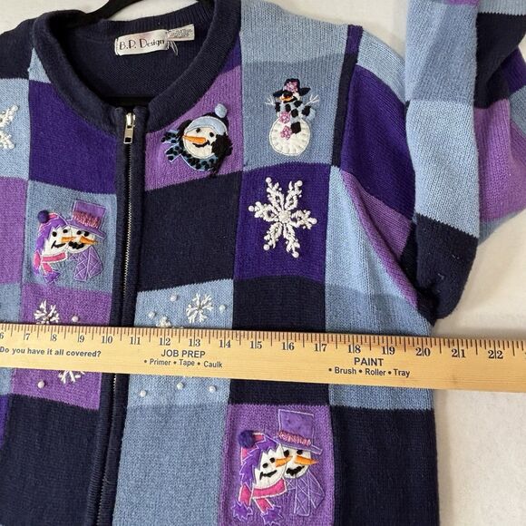 Vintage BP Design Christmas Snowman Sweater Purple Patchwork Zip-Up Y2K - Picture 5 of 8